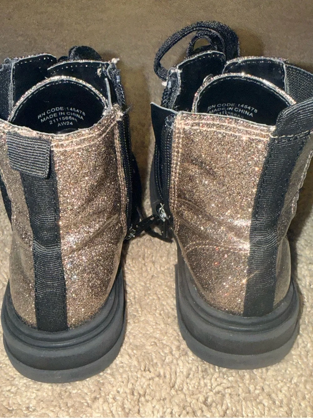 Primark Kids Metallic Pink Glitter Combat Boots with Black Laces Size 12